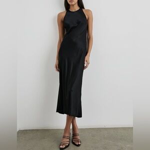 Rails Black Satin Halter Midi Slip Dress